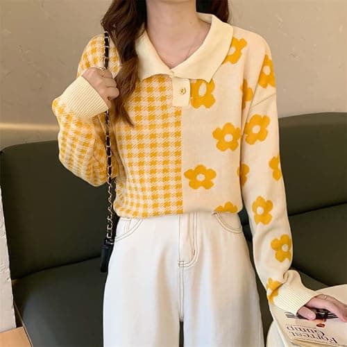 Womens Kawaii Color Block Sweaters Cute Plaid Collared Pullover Sweatshirts thumbnail 3