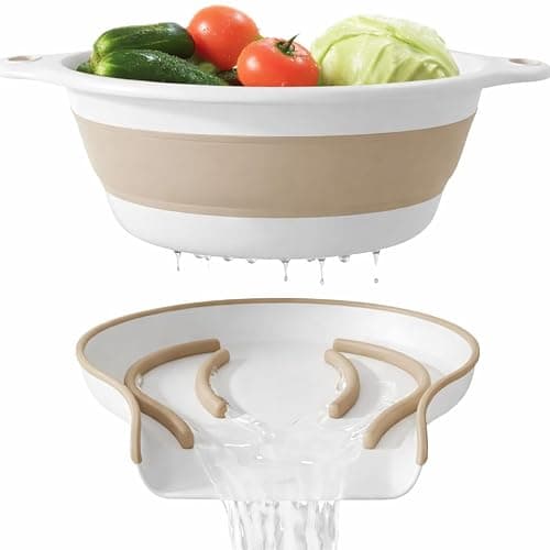 Gevoli 2-in-1 Large Collapsible Colander with Self-draining Base Set - Plastic Side Drain Food strainer for Edge of Kitchen Sink (Beige) - Image 1