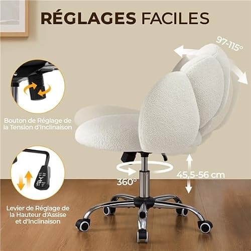 Yaheetech Fauteuil de Bureau, Chaise Pivotante Ergonomique, Dossier Confort en Nuage, Réglable en Hauteur, Charge 136 kg, pour Salon Chambre Bureau, Blanc/Bouclé thumbnail 5