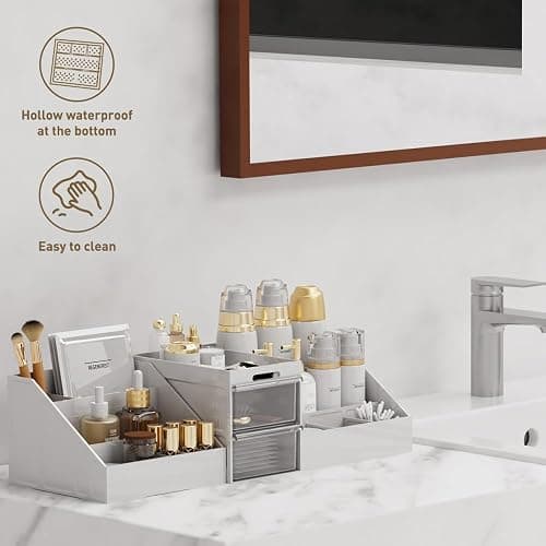 Makeup Organiser,2 In 1 Large Capacity Cosmetic Organiser With 2 Drawers And 16 Compartment, Suitable For Bathroom Bedroom Dressing Table-White/Clear thumbnail 6