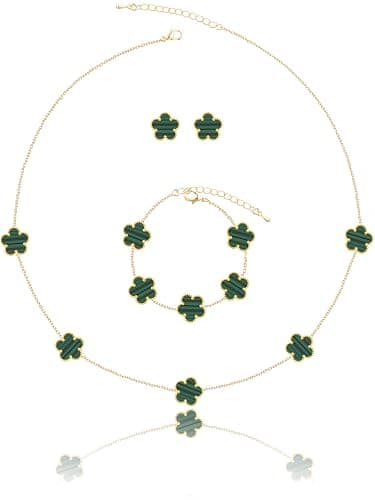 Qinpan Five Leaf Clover Necklace Bracelet and Stud Set for Women Lucky Flower Gold Plated Jewelry - Image 1