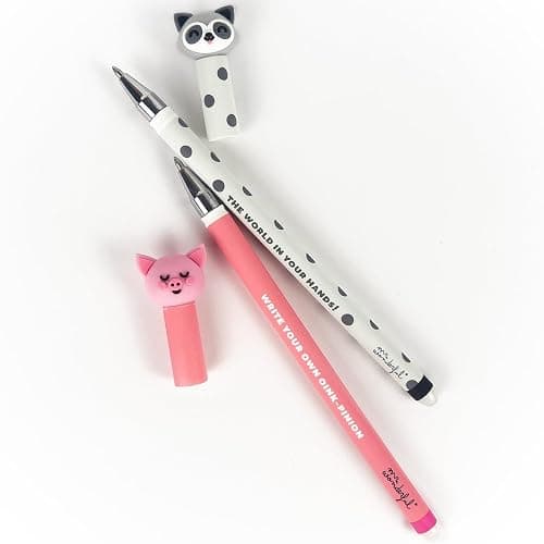 Mr. Wonderful - Set de 2 stylos effaçables Bo-Bo + 2 recharges d’encre - Cochonnet + Raton laveur - Stylo à encre effaçable avec message pour les enseignants - Cadeau pour les enseignants thumbnail 2