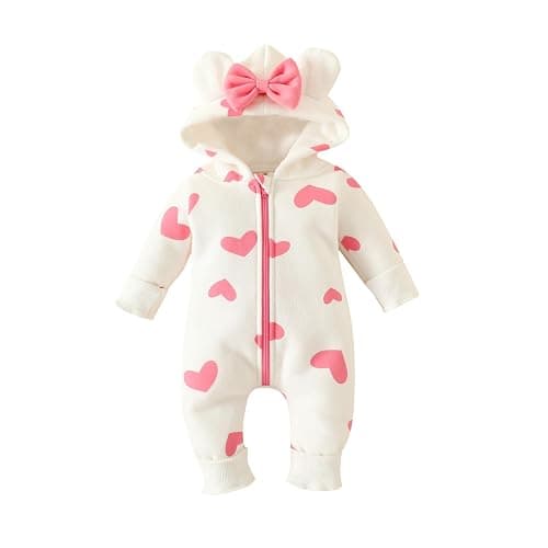 Carolilly Baby Girls Romper Winter Warm Infant Baby Jumpsuit Romper Bear Ear Snowsuit Newborn Hooded Romper Warm Coat Heart/Cow Pattern Long Sleeve Zipper Button Romper - Image 1