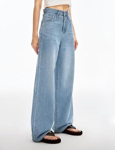 Women's Adjustable Wasit Baggy Jeans with Snap-Button Waistband Wide Straight Leg High Rise Jeans Denim Pants Y2K Trousers thumbnail 4