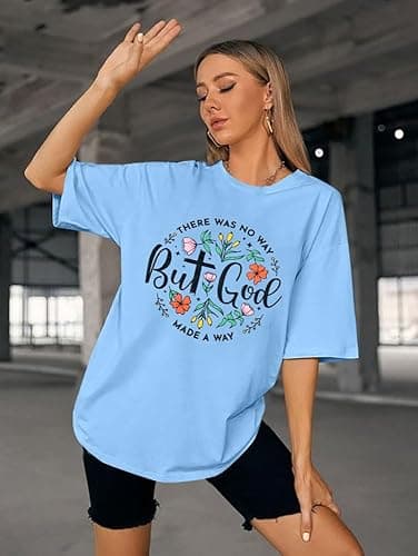 But God Shirt Women Oversized Christian Tshirt Faith Sayings Jesus Graphic Tee Religious Short Sleeve Tops - Light Blue - Small thumbnail 3