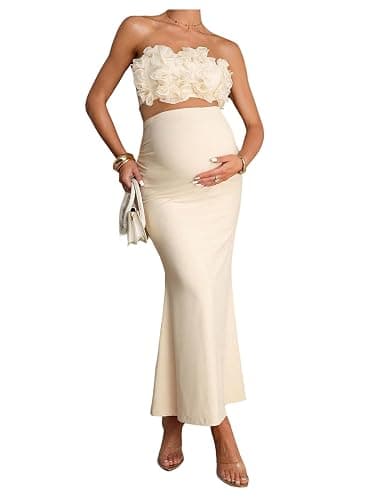SweatyRocks Women's Maternity 2 Piece Sets Off Shoulder Outfits Photoshoot | Pregnancy Formal Outfits, Crop Tube Top Fishtail Maxi Skirt Outfits, Cocktail Music Festival Outfits - Image 1