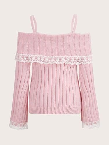 Women Y2K Off Shoulder Sweater Long Sleeve Lace Trim Open Back Straps Knitted Top Cute Pullover Jumper Crop Tops Shirt thumbnail 3