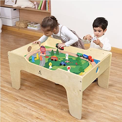 KRAND Kid's All-in-One Activity Play Table with 290 Building Bricks and 30-Piece Wooden Train Set Railway,Cars,Track and Accessories for Toddlers Boys and Girls Children's Toy Playset Game Desk - Regular Baseplate Version thumbnail 2