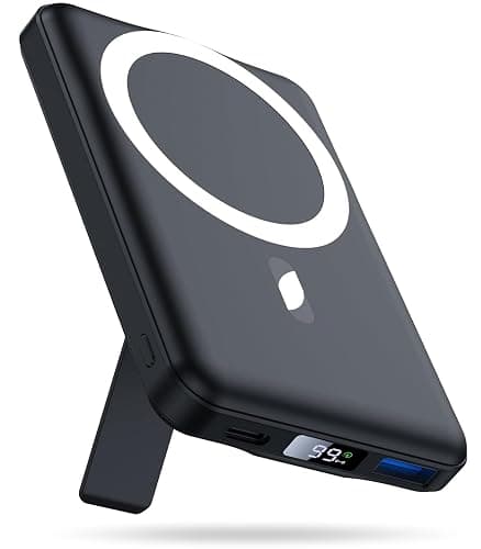 AOGUERBE for Mag-Safe Wireless Portable Charger, 10000mAh Magnetic Power Bank 22.5W Fast Charging,Mini Battery Pack with LED Display&Foldable Stand for iPhone 17/16/15/14/13/12 Series (Obsidian Black) - Image 1