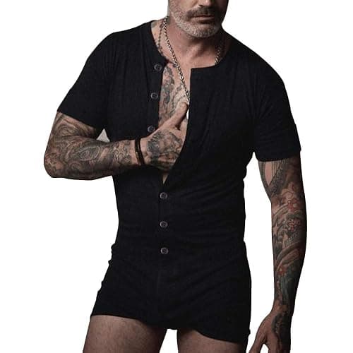 GYMAPE Mens Short Sleeve Onesie Pyjama Henley Jumpsuit Stretchy Cotton Ramper with Buttons - Image 1
