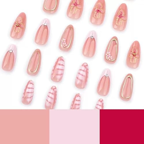 Press on Nails Medium Almond - Flower Fake Nails with Gold Line Design - French Tip False Nails Press ons - for Women 24 Pcs thumbnail 4