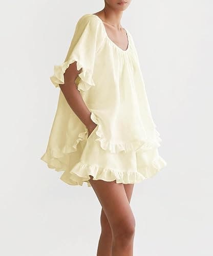 Xfileen Women Ruffle 2 Piece Set Short Sleeve Top and Shorts Set Cotton Pjs | ruffle pajams set, summer cotton set,soft,lightweight,breathable,cute 2 piece shorts sets thumbnail 2