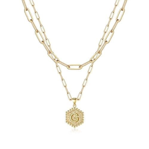 M MOOHAM Dainty Initial Necklaces for Women, 14K-Gold-Plated Layering Necklace for Women Cute Hexagon Letter Initial Necklace Layered Necklaces for Teenage Teen Girls Christmas Gifts Stocking Stuffers - Image 1