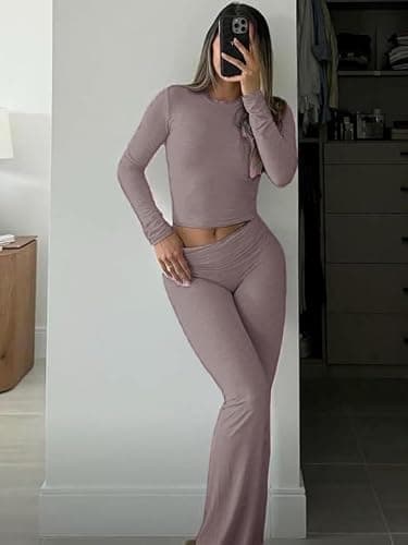 AYWA Women's 2 Piece Outfits Foldover Flare Pants Long Sleeve Crew Neck T-shirt Fitted Pajama Sets thumbnail 2