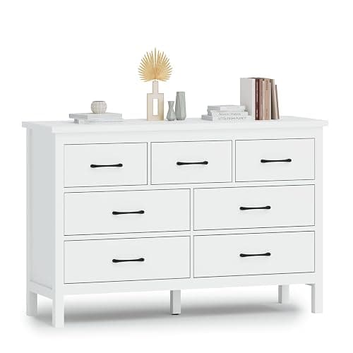 JOZZBY White Dresser for Bedroom with 7 Drawers, Modern Deep Drawer Dresser with Golden Handles, Wooden Storage Organizer Chest of Drawers for Office, Hallway - Image 1