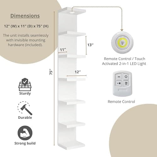 UrbanNook 7-Tier Floating Wall Shelf with LED Lights – White Modern Display Shelving Unit with Remote Control – Wall Mounted Bookshelf for Living Room, Bedroom, or Office Decor thumbnail 3