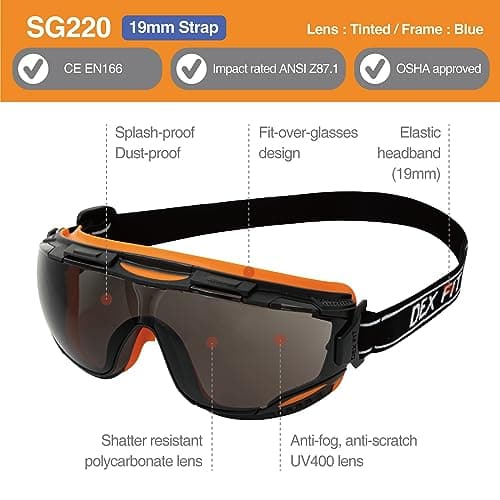 DEX FIT Safety Goggles SG220, Wide-Vision Lab & Chemical Splash Eye Protection, Anti-Fog & Scratch Resistant, Soft Seal, Z87.1 Approved; Black/Orange, Smoke Tinted Lens, 19mm Strap, 1 PC thumbnail 2