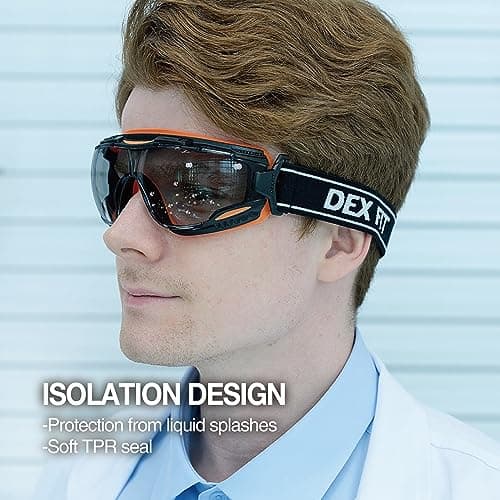 DEX FIT Safety Goggles SG220, Wide-Vision Lab & Chemical Splash Eye Protection, Anti-Fog & Scratch Resistant, Soft Seal, Z87.1 Approved; Black/Orange, Smoke Tinted Lens, 19mm Strap, 1 PC thumbnail 6
