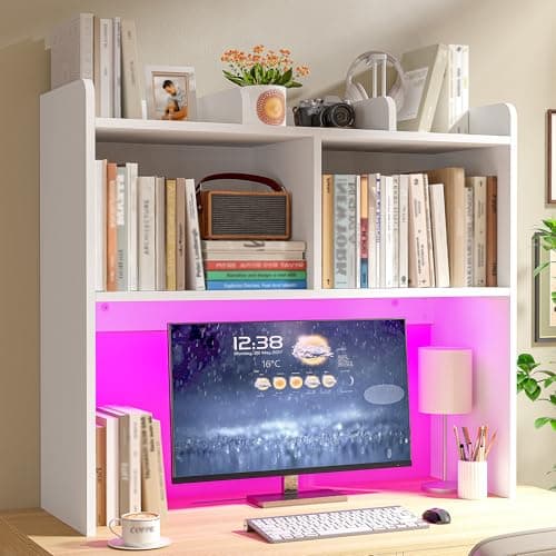 REIBII Desk Hutch Dorm for Computer Monitor Up to 27", Dorm Desk Hutch Top Only with RGB Light Strip, Wooden Desktop Bookshelf with 6 Shelves, 3-Tier Desktop Shelf for Home Office Dorm, White - Image 1