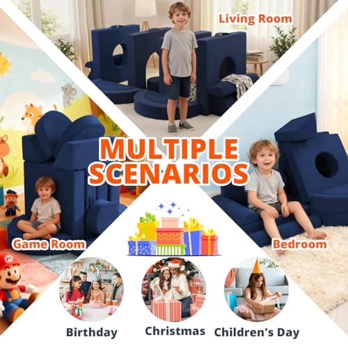 Fvkind Modular Kids Play Couch 16pcs, Kids Toddler Couch Building Fort for Playroom, Bedroom, Toddler Sectional Play Sofa, Convertible Foam Cushion Sofa for Boys and Girls, Blue thumbnail 7