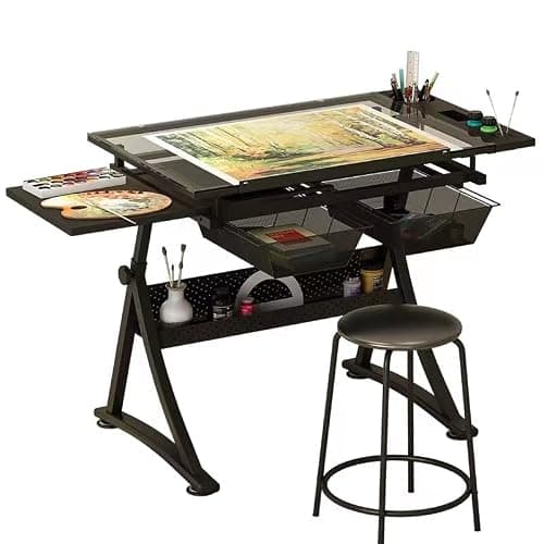 Landpink Glass Drafting Table Art Desk – Adjustable Professhional Artwork Drawing Drafting Table Desk, Glass-Topped Art Table for Craft Station Studio Home Office School w/Drawers (Black) thumbnail 5