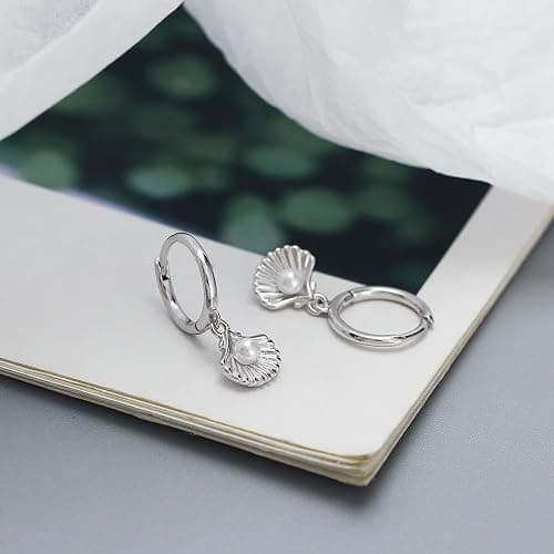 Cute Shell Pearl Huggie Small Hoop Earrings Dangle Drop for Women Teen Girls 925 Sterling Silver 14K Gold Filled Boho Beach Simple Charm Hoops Delicate Hypoallergenic Summer Jewelry Gift Daughter thumbnail 3