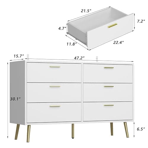 TAMUNE 47.2” 6 Drawer Dresser, Modern 6-Drawer Chest with Gold Metal Handles, Bedroom Dresser with Gold Metal Legs, for Living Room Entryway White (47.2”W x 15.7”D x 30.1”H) thumbnail 2