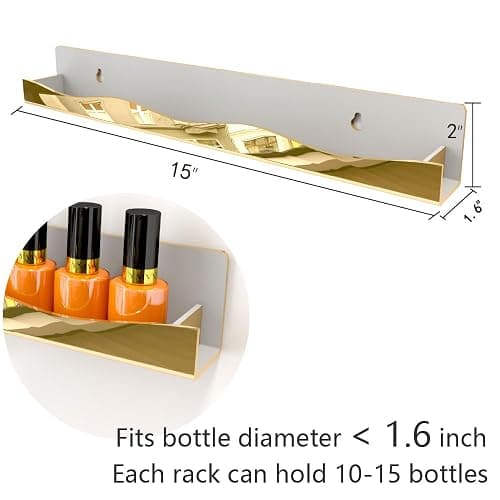 YMVV Wall-Mounted Nail Polish Organizer Rack - 15-Inch Gold Mirror Finish Nail Polish Shelf, Makeup & Beauty Essentials Storage - Multi-Purpose Display Holder for Small Space, Vanity Bathroom, 6 Pack thumbnail 2