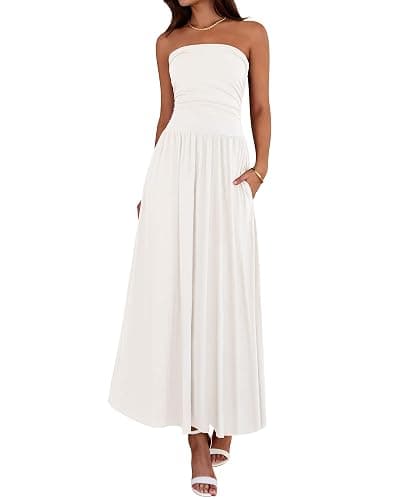 BTFBM Summer Maxi Dresses for Women 2026 Strapless Ruched Tube Top Beach Vacation Spring Wedding Guest Dress Pockets - Image 1