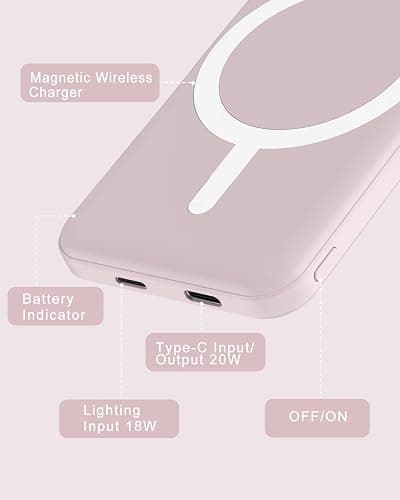 podoru for Magsafe Battery Pack, 5000mAh Magnetic PowerBank with Type-C Cable 20W PD Fast Charging Lighting Input Wireless Charger for iPhone 17/16/15/14/13/12/ All Series-Light Pink thumbnail 5