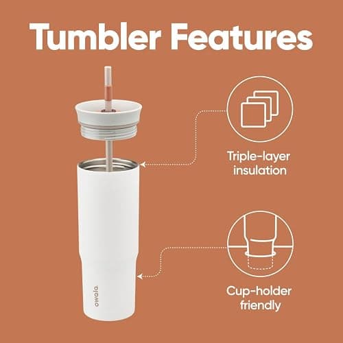 Owala Stainless Steel Triple Layer Insulated Travel Tumbler with Spill Resistant Lid and Straw, BPA Free, 24 oz, Grey/White (Iced Tea) thumbnail 2