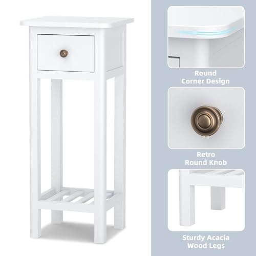 Giantex Tall End Table, Narrow Side Table with Drawer and Shelf, Acacia Wood Nightstand for Living Room, 2-Tier Bedside Table for Small Space, No Assembly, White - 1 - White thumbnail 5