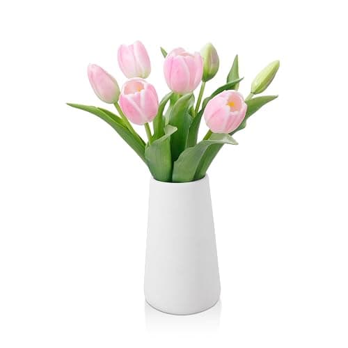 Wenhuidr Light Pink Lifelike Artificial Tulips with Ceramic Vase, Soft-Touch Latex Fake Flowers Arrangement for Wedding Centerpieces, Modern Farmhouse Home & Office Table Party Room Decor - Image 1