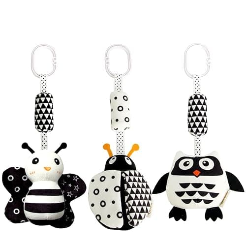 KAKIBLIN Baby Hanging Toy,3 Pack Black and White Baby Toys for 3 6 9 12 Months, High Contrast Hanging Toys,Plush Soft Stroller Rattles Toy for Boys and Girls(21CM, Ladybug,Bee & Owl) - Image 1