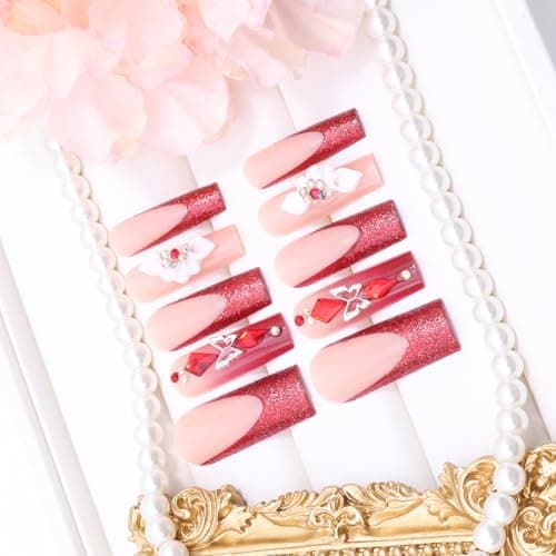 24Pcs Red French Tip Press on Nails Long Coffin Fake Nails 3D Flower Stick on Nails with Glitter Butterfly Rhinestones Red Gems Design Full Cover False Nails Artificial Glue on Nail Supply for Women thumbnail 2