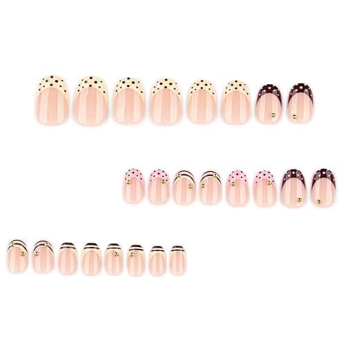 Foccna Polka Dots Press on Nails Brown French Short Fake Nails Oval Acrylic False Nails,Artificial Nails for Women 24pcs thumbnail 2
