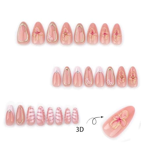 Press on Nails Medium Almond - Flower Fake Nails with Gold Line Design - French Tip False Nails Press ons - for Women 24 Pcs thumbnail 3