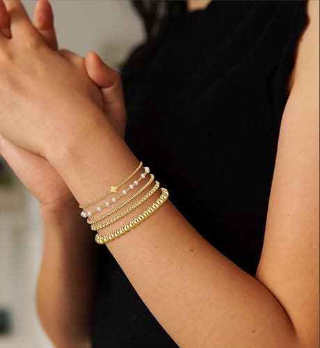 Gold Beaded Bracelets for Women, 14K Real Gold Plated Jewelry for Women Dainty Pearl Bead Bracelets Stack, Non Tarnish Trendy Stackable Ball Cross Stretch Bracelet Set Fashion Accessories Gifts for Women - Gold cross bead thumbnail 5