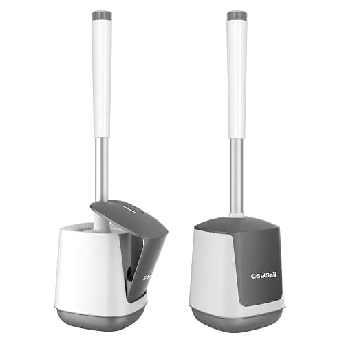 SetSail Toilet Brush and Holder 2 Pack, Self Closing Lid Toilet Bowl Brushes Holder and Extra Long Handle Ventilated Toilet Brush Set for Bathroom Cleaning, Nylon Bristles, White & Grey - Image 1