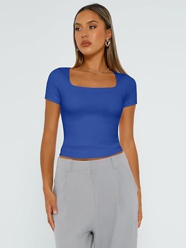 Trendy Queen Womens Double Lined Short Sleeve Square Neck Crop Tops | Spring Summer Compression Tshirt Workout Gym Going Out Cute Basic Tee for juniors thumbnail 5