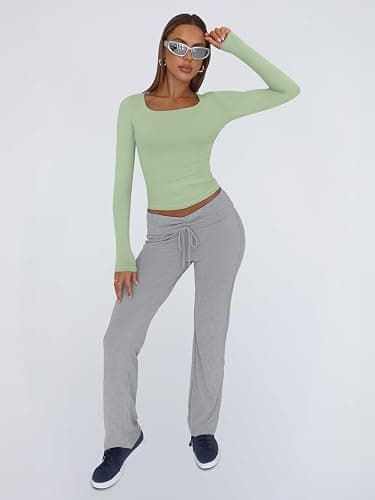 Trendy Queen Womens Long Sleeve Shirts Crop Tops Fall Fashion 2025 Square Neck Going Out Basics Tees Y2k Clothes thumbnail 6