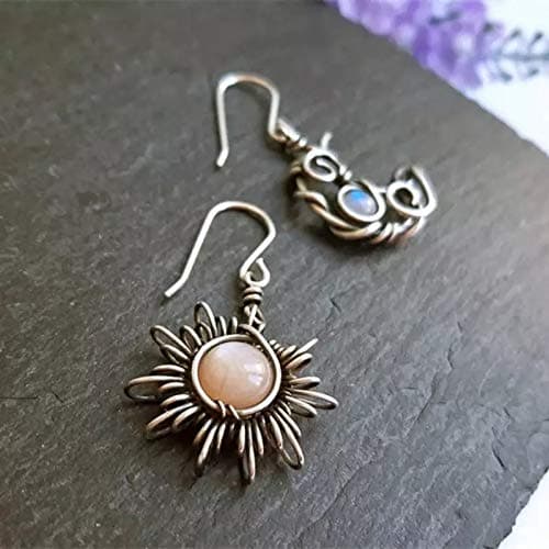 Boho Opal Sun and Moon Drop Dangle Earrings Moonstone Natural Stone Hook Bohemian for Women Asymmetrical Antiqued Silver Celestial Jewelry thumbnail 3