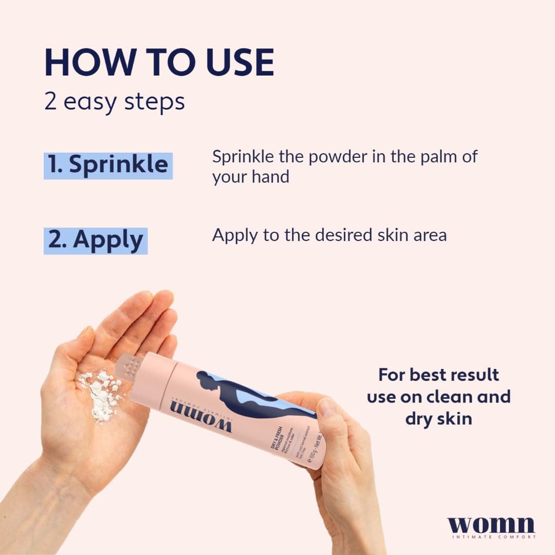 womn Dry & Fresh Powder 100 g - Talc-free body powder for the intimate area, groin and under the breasts - Absorbs sweat and helps prevent friction and odours thumbnail 5