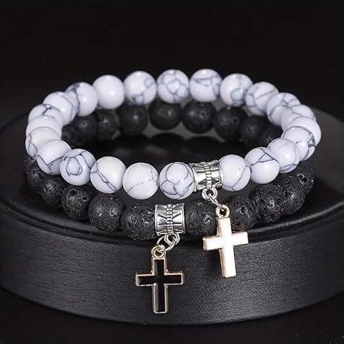 Matte Lava Rock Beaded Couple Bracelet Set for Women Men Black White 8mm Howlite Natural Volcanic Stone Matching Beads Elastic Cross Pendant Stretch Bracelets Religion Charm Friendship BFF Jewelry thumbnail 3