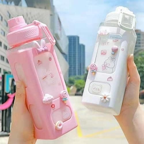excvalues Kawaii Water Bottle with Straw Cute Large Water Bottles with Kawaii Stickers Aesthetic Leakproof Square Drinking Bottle (Pink) - Image 1