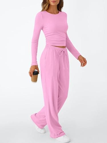 Trendy Queen Women's 2 Piece Matching Lounge Set Long Sleeve Side Ruching Top Wide Leg Drawstring Pants Set with Pockets thumbnail 3