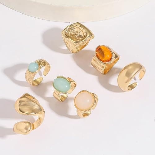 Todenb Chunky Gold Rings for Women，Open Stackable Tiger's Eye Stone Statement Rings Set Silver Vintage Knuckle Ring Fashion Chunky Jewelry Accessories thumbnail 6