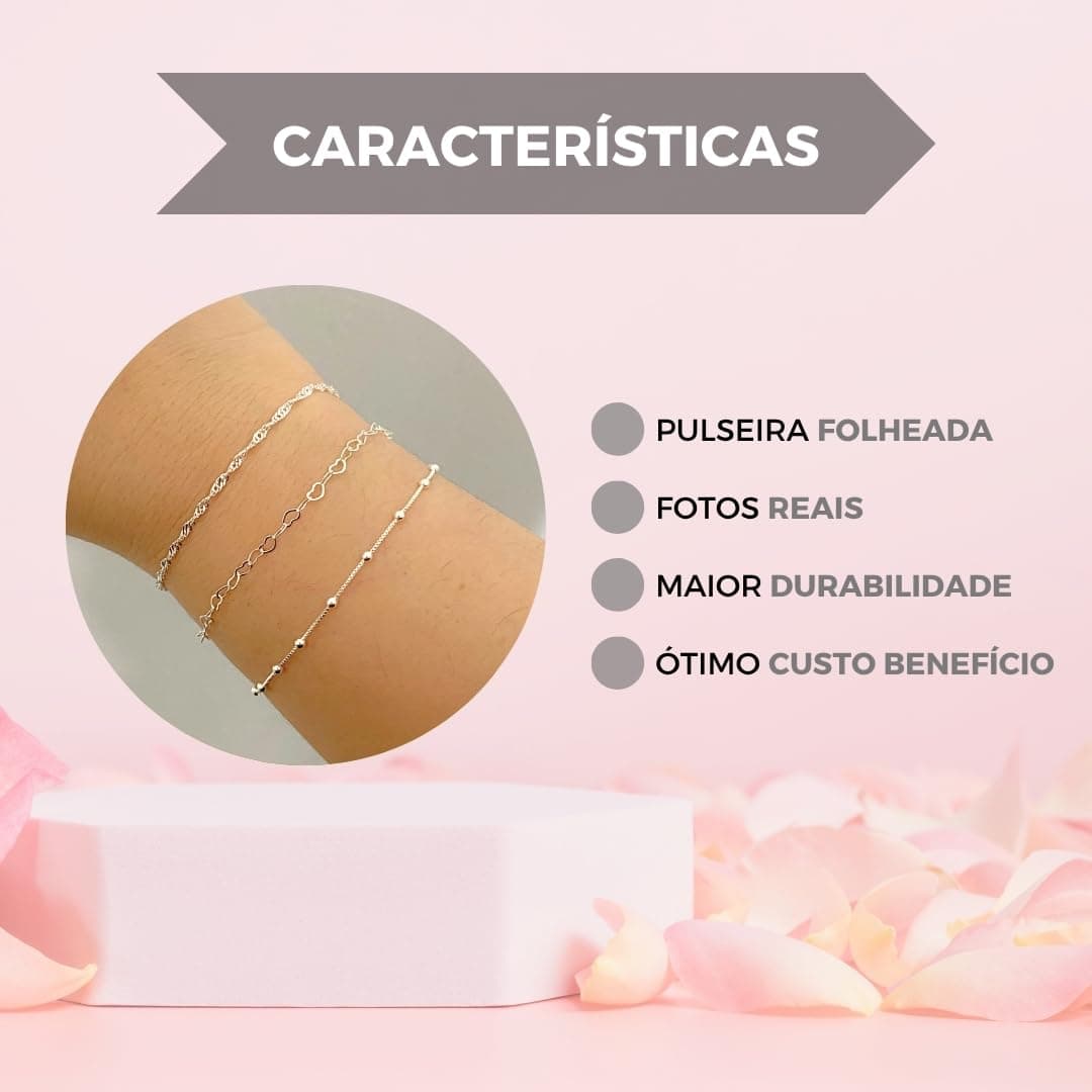 Kit 3 Pulseiras Singapura, Coração, Bolinha Folheadas A Prata 925 Premium Conjunto thumbnail 8