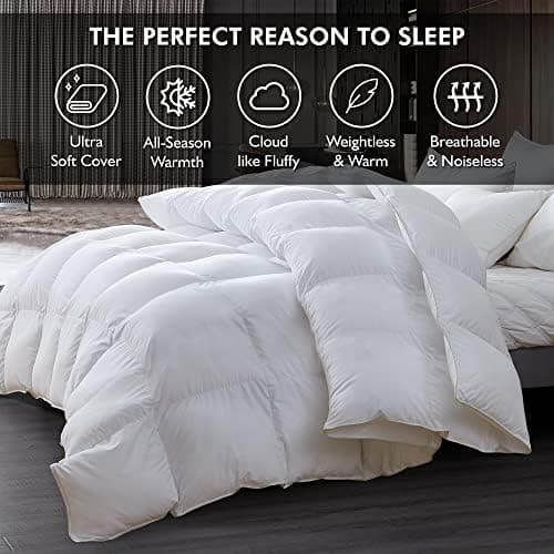 Luxurious King/California King Size Goose Down Fiber Waterfowl Feather Fiber Comforter Duvet, 100% Egyptian Cotton Cover, 58 oz. Fill Weight, Baffle Box Design, White Solid - King thumbnail 5