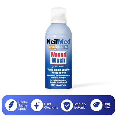 NeilMed Cleanse Sterile Saline Wound Wash, 6.3 Ounce | 0.9% Sodium Chloride, USP Grade Water, Preservative-Free, For Superficial Abrasions, Any-Angle Dispensing, 177 ml thumbnail 6